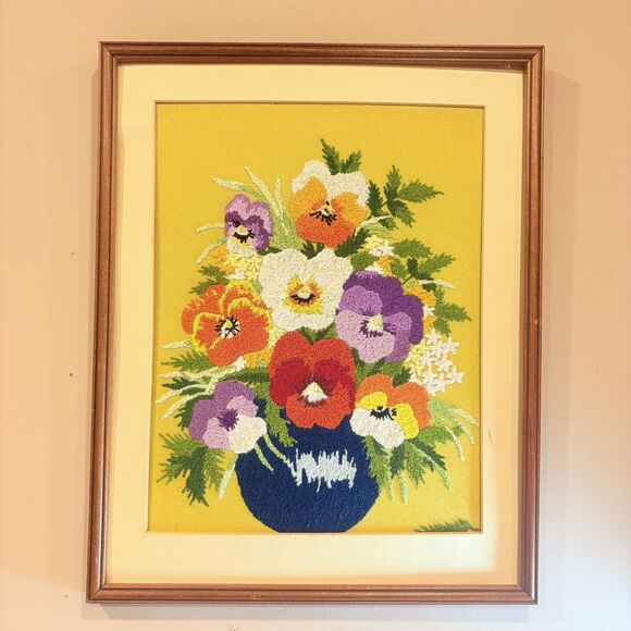 Vintage Pansies Needlepoint Crewel Embroidery FLORAL PANSY Completed 19x15” - Picture 2 of 12